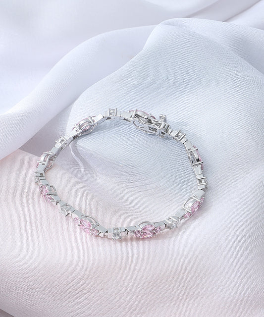 Siora Jewels Blush Petal 925 Silver Bracelet for Women | Rhodium Finish with Pink Zircon Detailing