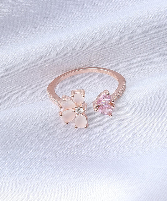 Siora Jewels Flutter Duo Butterfly 925 Silver Ring for Women | Rhodium Finish with Pink Enamel & Zircon Sparkle