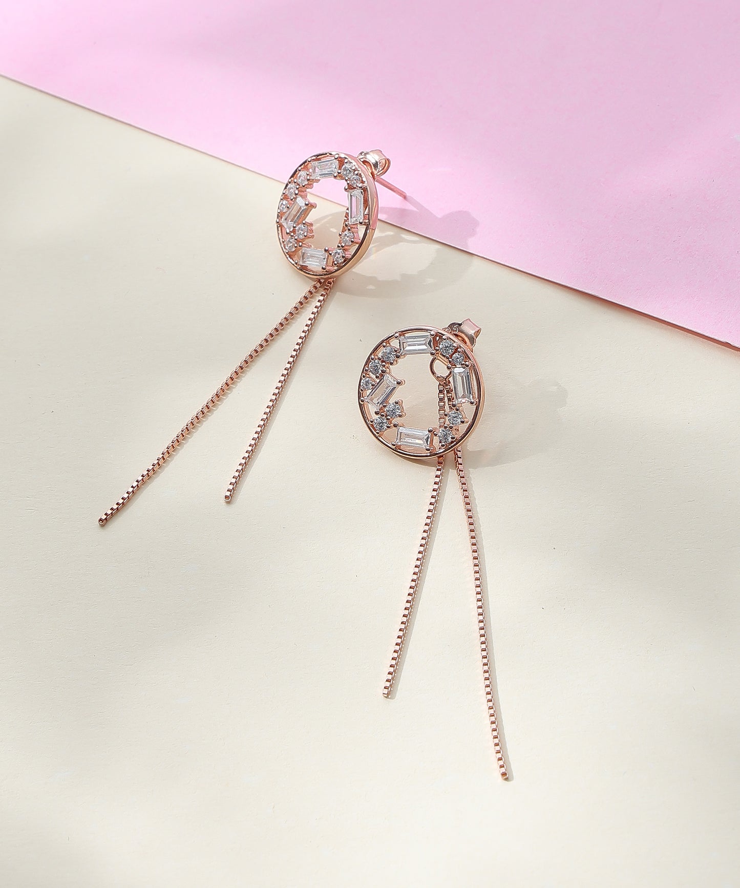 Siora Jewels Circle Cascade 925 Silver Earrings for Women | Rose Gold Finish with Zircon & Chain Tassel Detailing