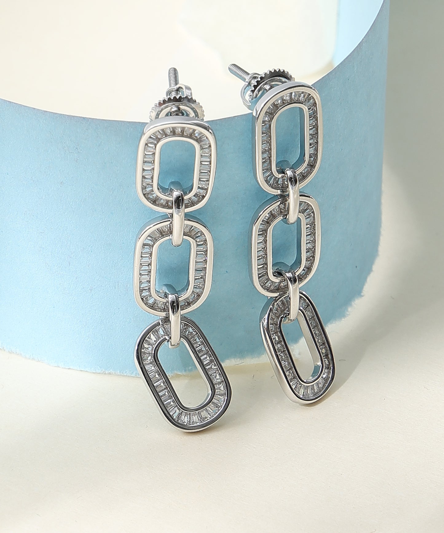 Siora Jewels Link Luxe CZ 925 Silver Earrings for Women | Rhodium Finish with Geometric Detailing