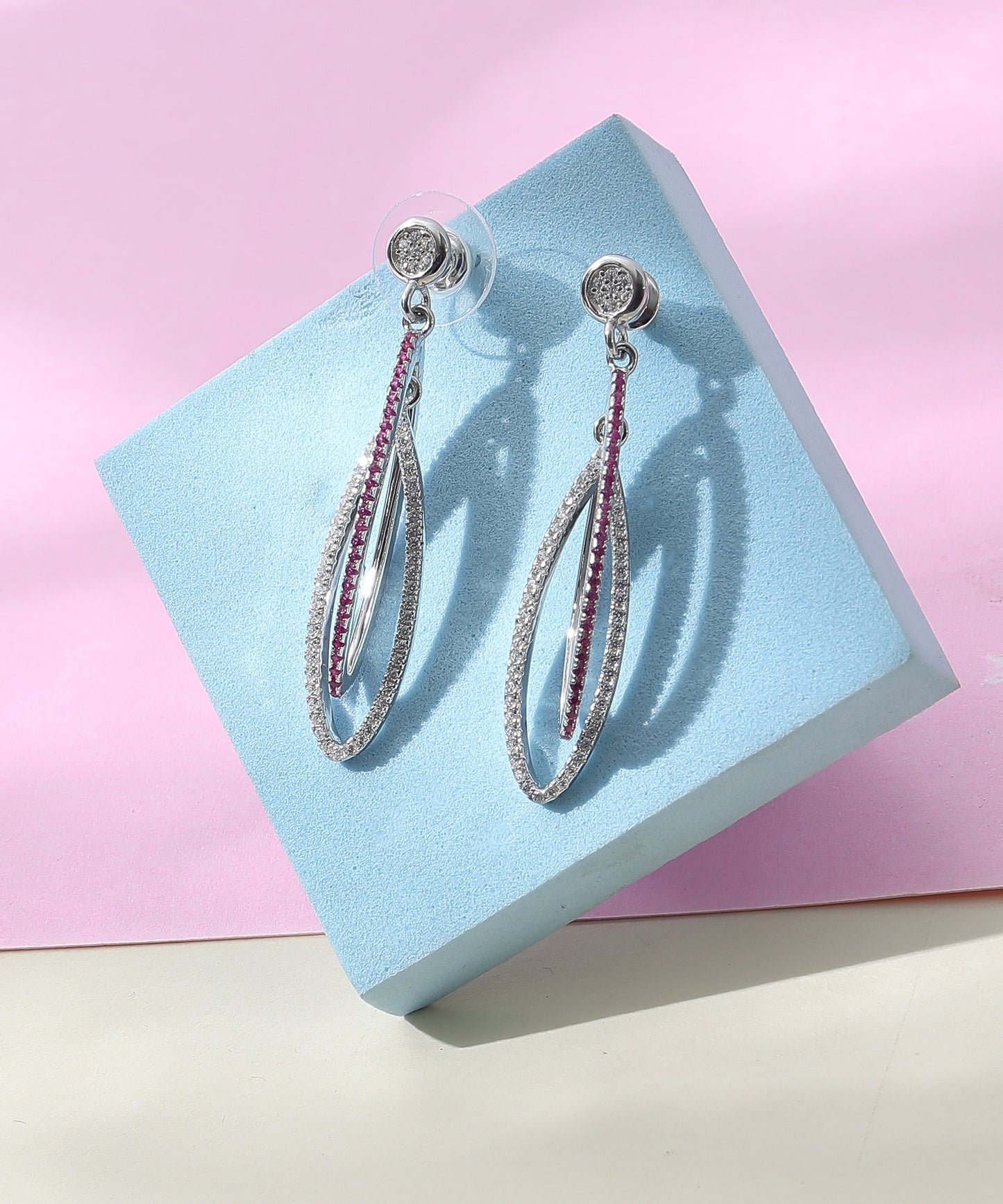 Siora Jewels Ruby Loop 925 Silver Earrings for Women | Rhodium Finish with Zircon & Ruby Detailing