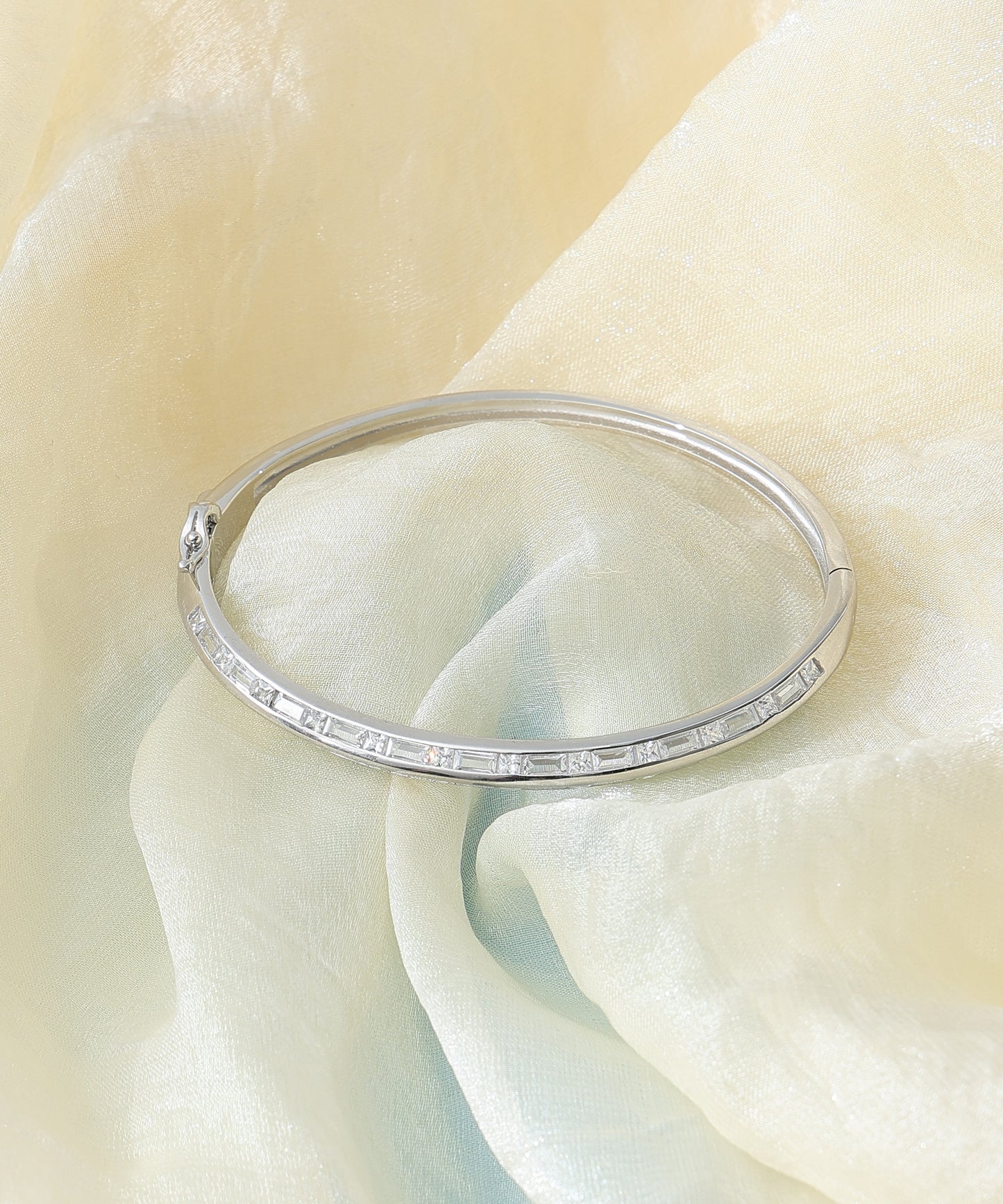 Siora Jewels CZ Kada 925 Silver Bracelet for Women | Rhodium Finish with Baguette Zircon Detailing