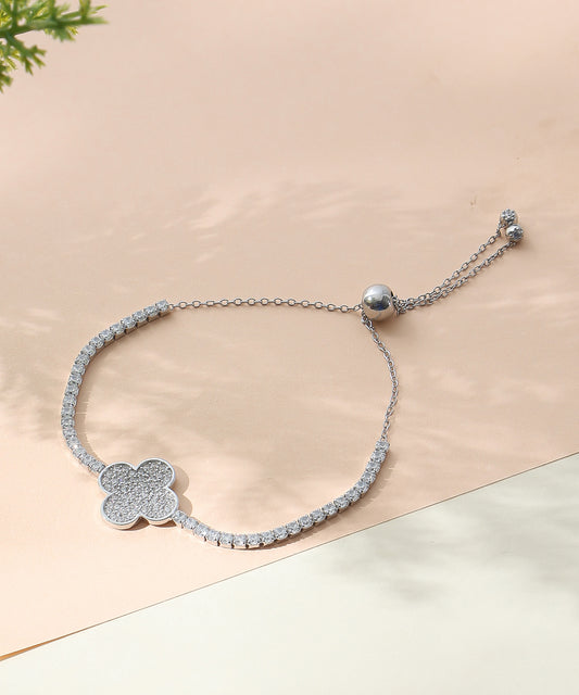 Siora Jewels Fortuna Clover 925 Silver Bracelet for Women | Rhodium Finish with Zircon Detailing