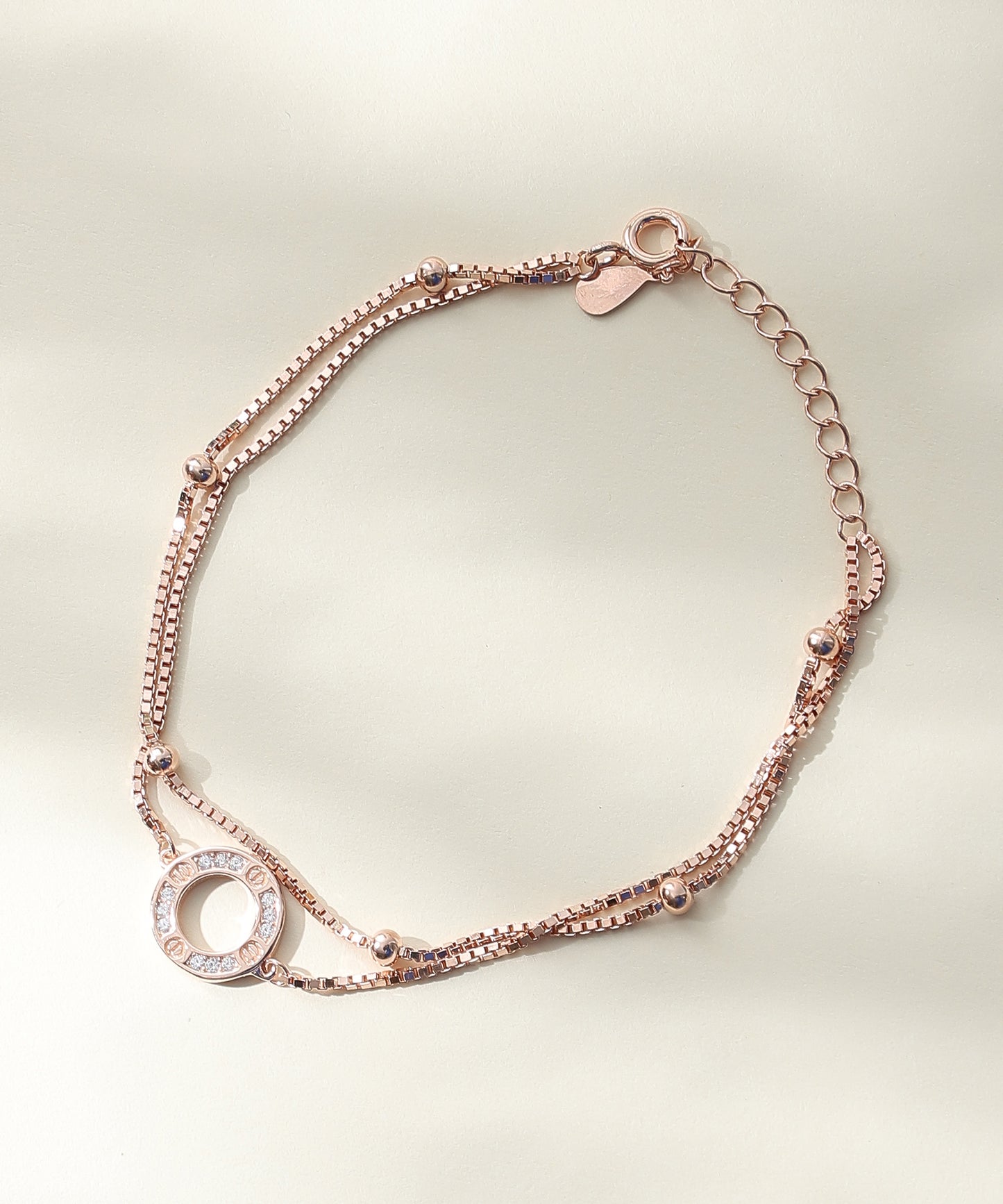 Siora Circle Charm 925 Silver Bracelet – Rose Gold Finish | Modern Bead & Charm Design
