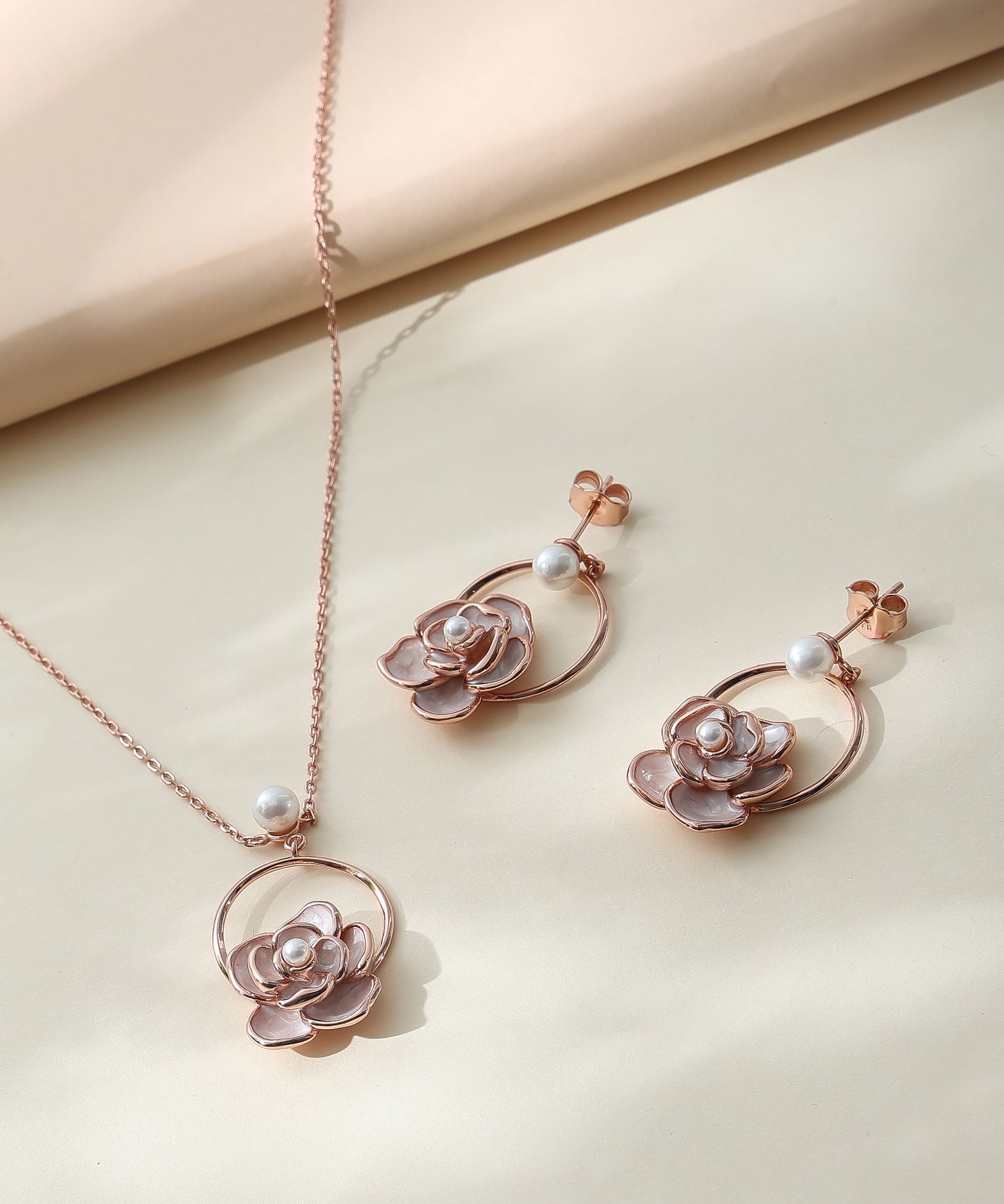 Siora Jewels Rose Bloom 925 Silver Jewellery Set for Women | Rose Gold Finish with Enamel Rose, Pearl & Zircon Detailing
