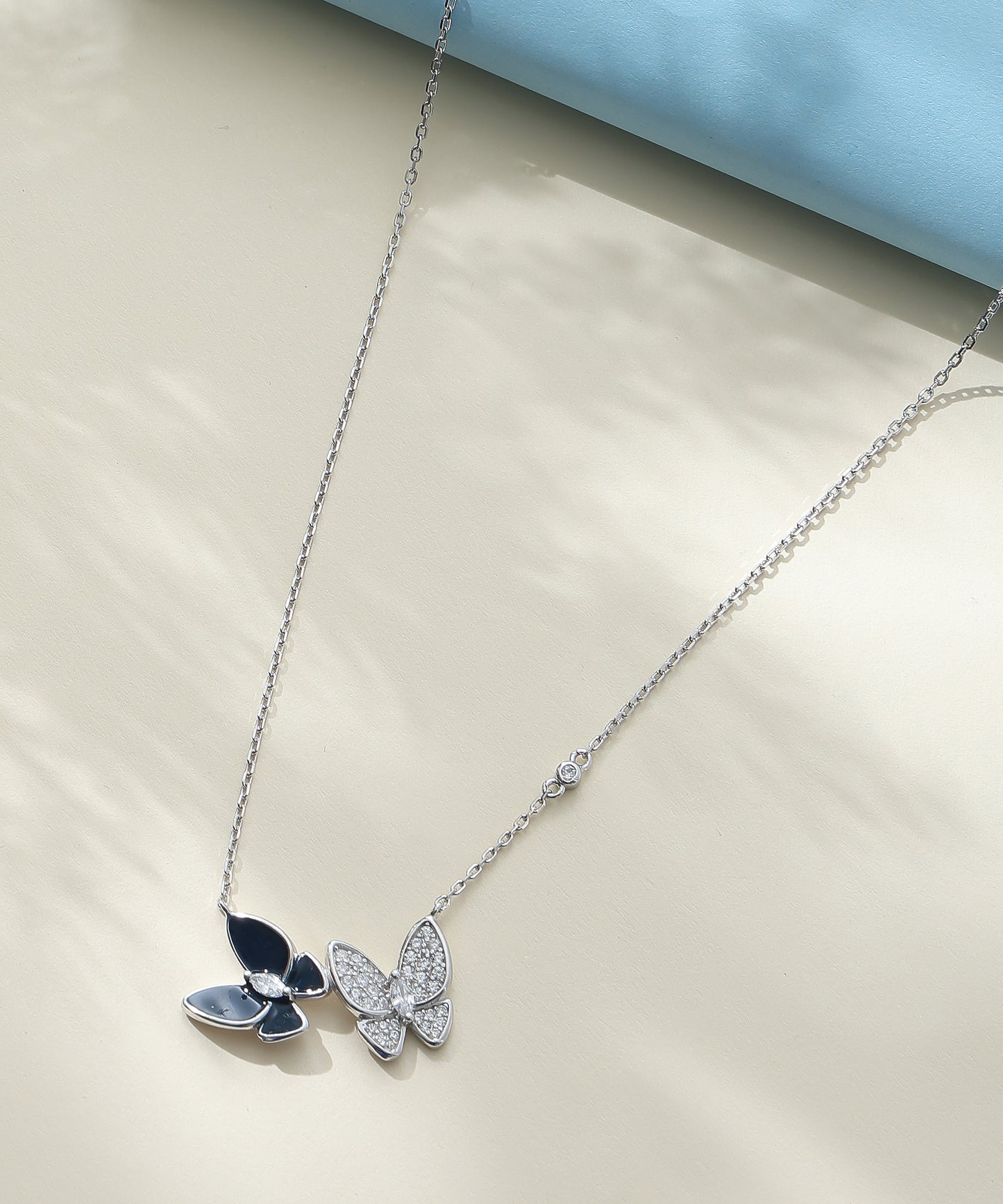 Siora Jewels Dual Butterfly 925 Silver Necklace for Women | Rhodium Finish with Black Enamel & Zircon Detailing