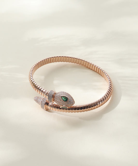 Siora Jewels Serpent Luxe 925 Silver Kada for Women | Rose Gold Finish with Emerald Zircon Eyes