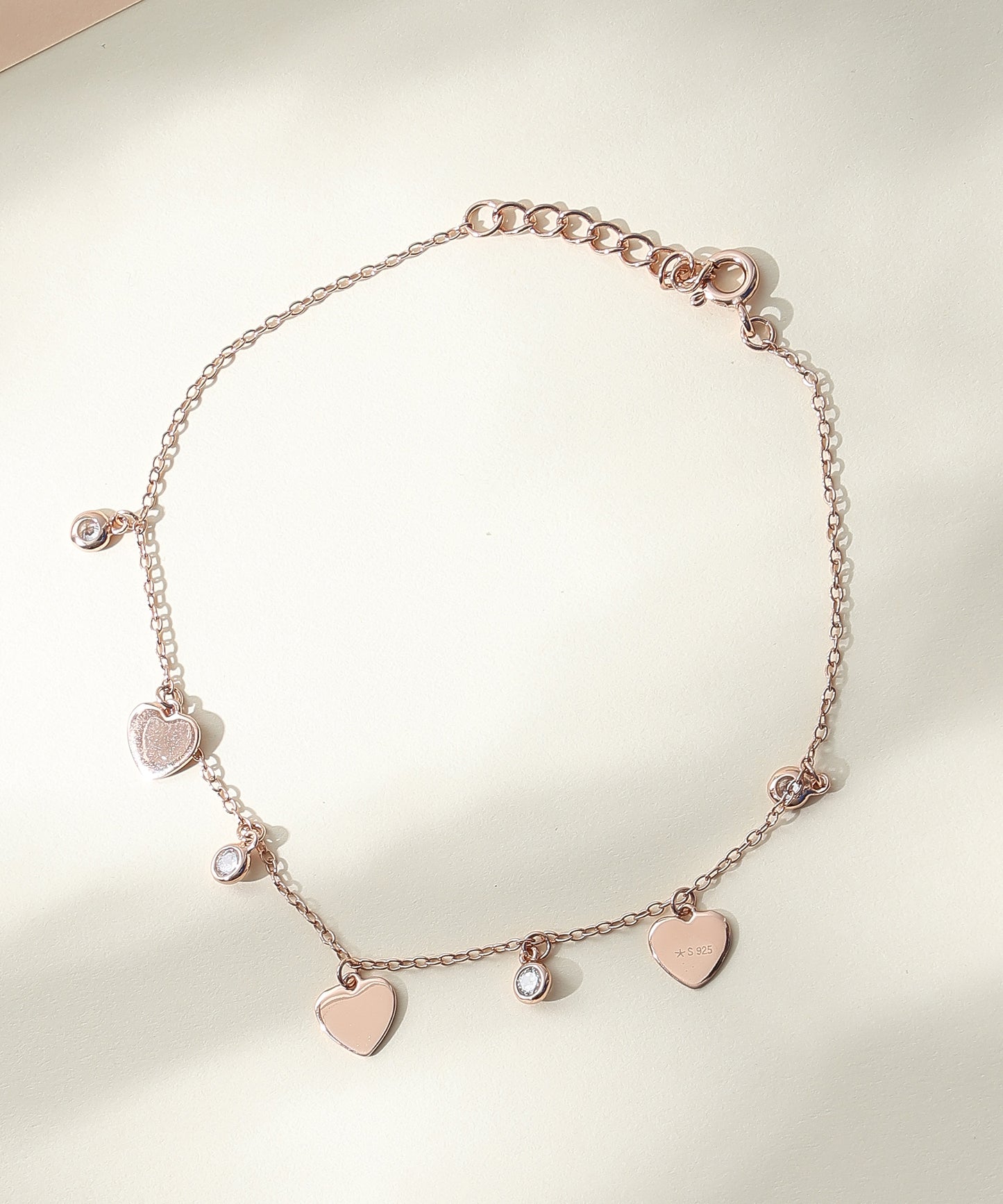 Siora Heart Charm 925 Silver Bracelet – Rose Gold Finish | Zircon Heart Accent