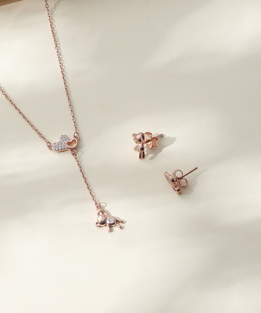 Siora Jewels Teddy Drop 925 Silver Pendant Set for Women | Rose Gold Finish with Zircon Detailing