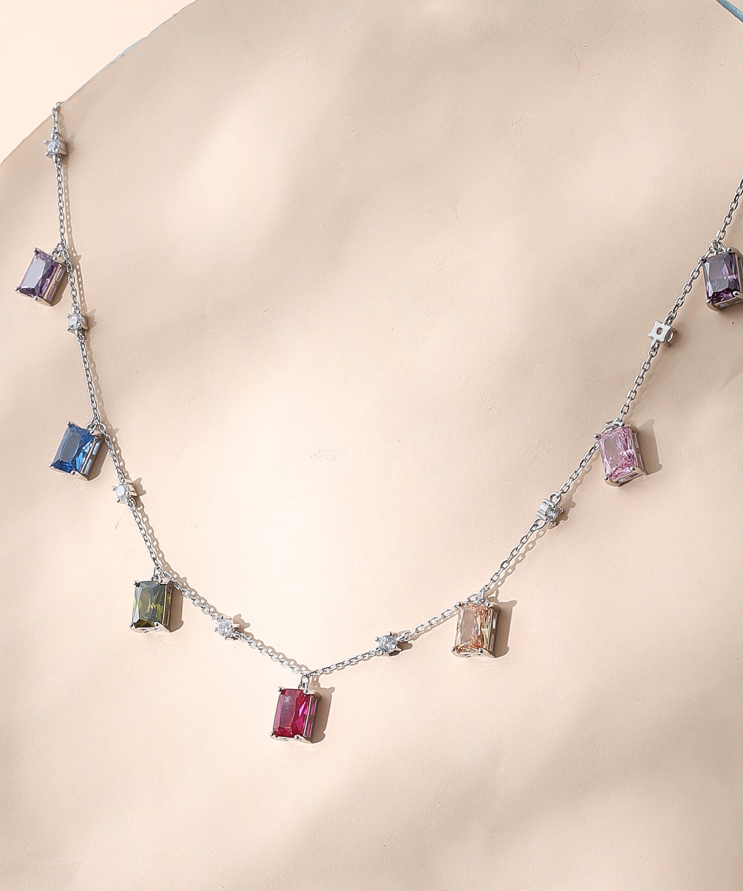 Siora Jewels Prism Glow 925 Silver Necklace for Women | Rhodium Finish with Multicolour Gemstones & Zircon Detailing