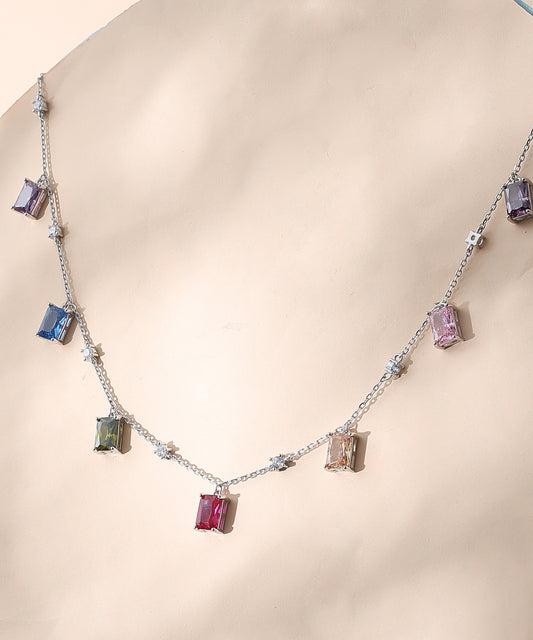 Siora Jewels Prism Glow 925 Silver Necklace for Women | Rhodium Finish with Multicolour Gemstones & Zircon Detailing