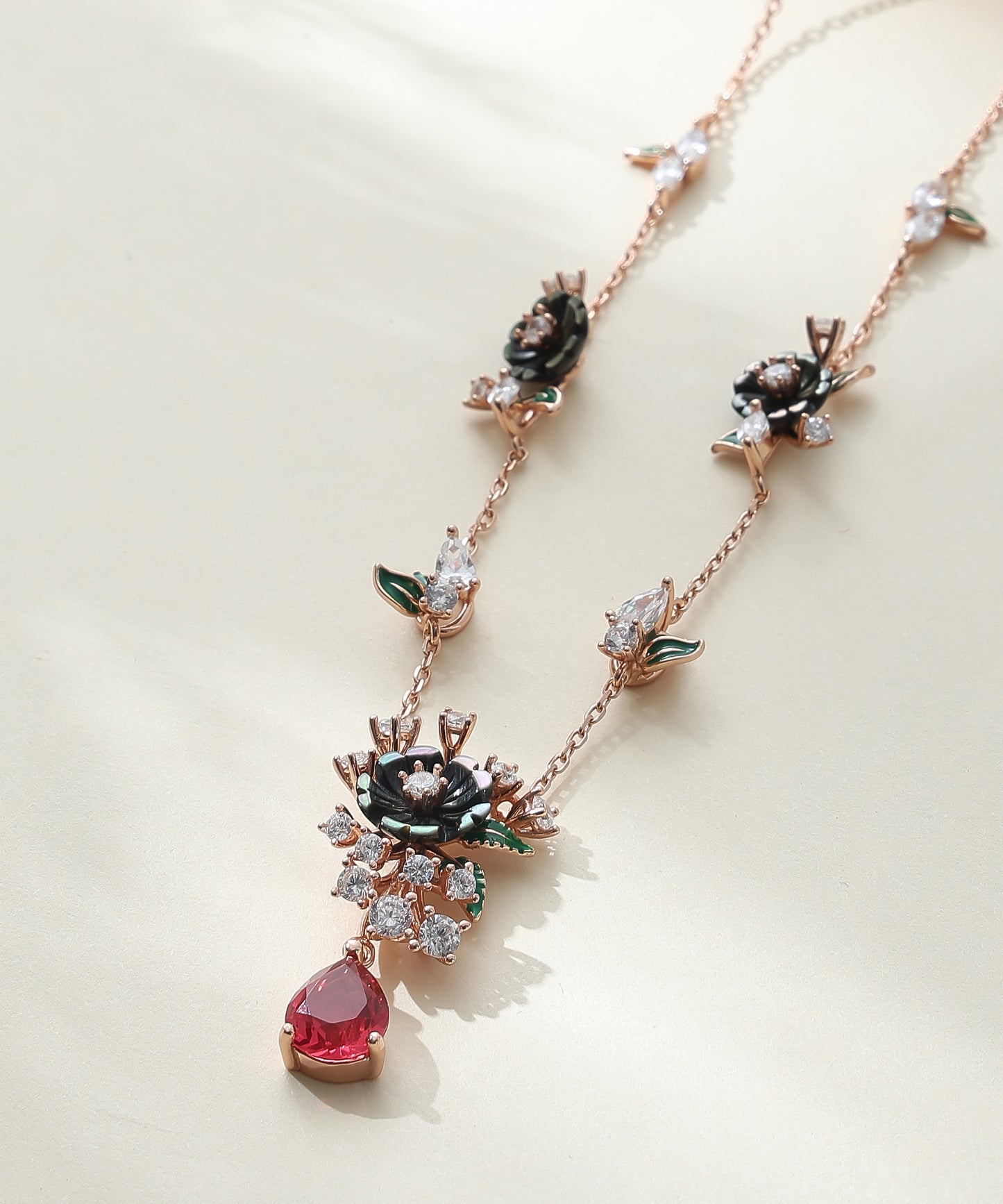 Siora Jewels Crimson Bloom 925 Silver Necklace for Women | Rose Gold Finish with Enamel & Red Stone Detailing