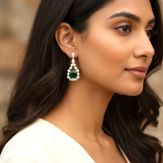 Siora Jewels White CZ 925 Silver Earrings for Women | Rhodium Finish with Green Detailing