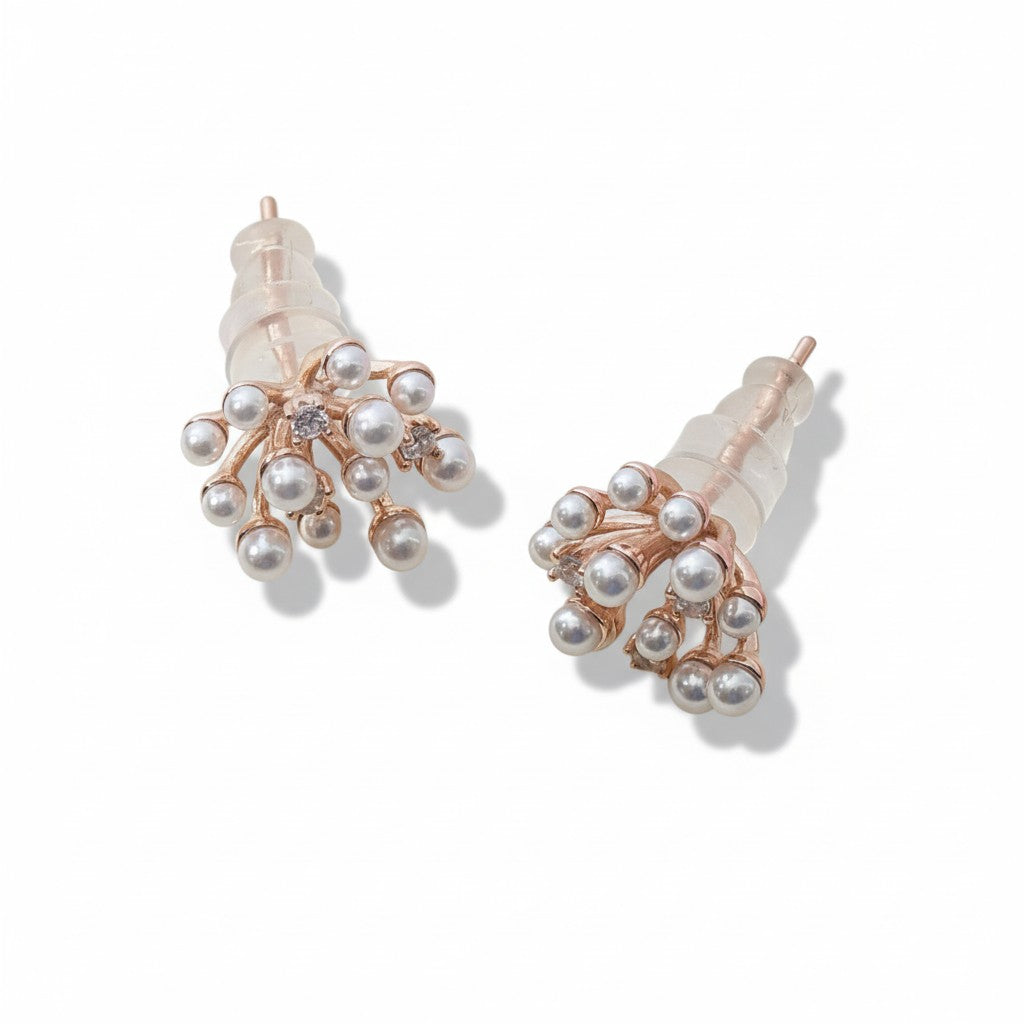 Siora Jewels Pearl Cluster 925 Silver Earrings for Women | Rose Gold Finish with Delicate Pearl Detailing