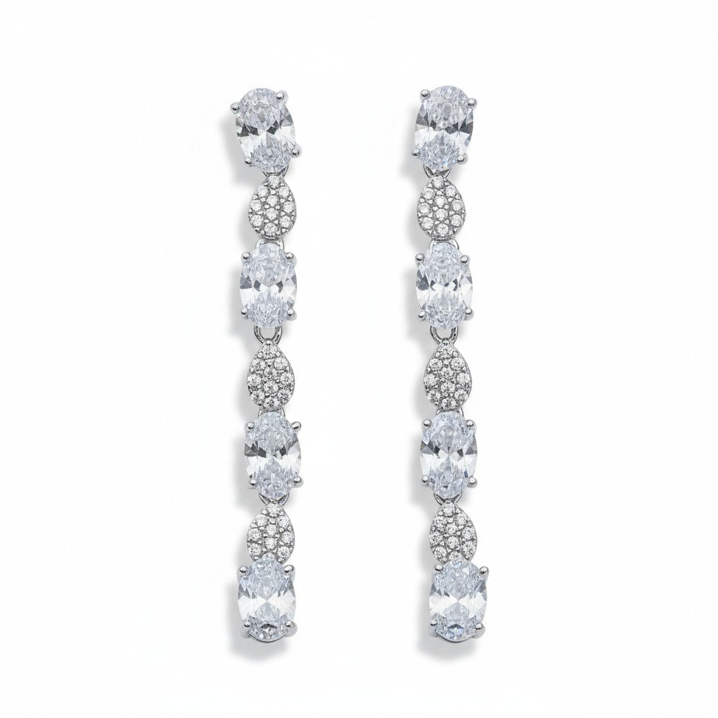 Siora Jewels Aurora Drop CZ 925 Silver Earrings for Women | Rhodium Finish with Elongated Stone Detailing