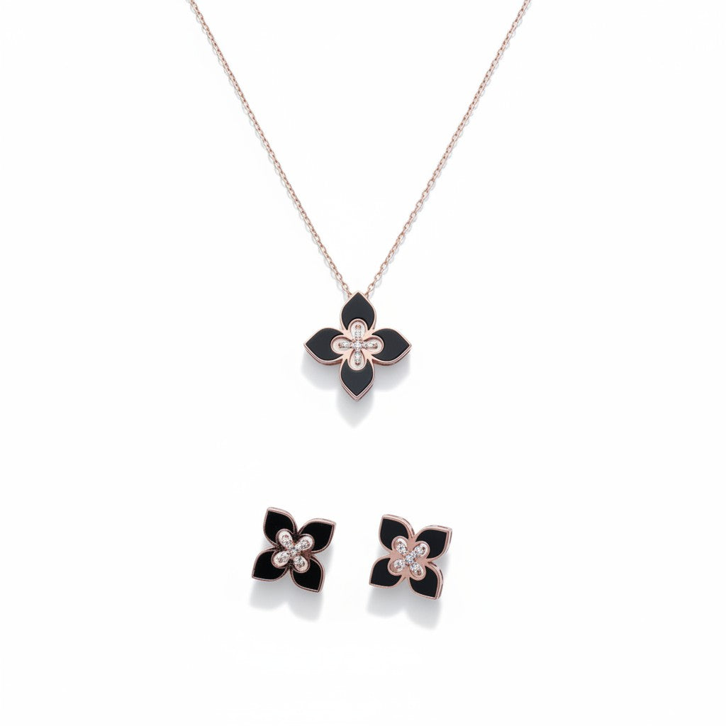 Siora Jewels Midnight Bloom 925 Sterling Silver Jewellery Set for Women | Rose Gold Finish with Black Enamel Floral Design & Zircon Detailing
