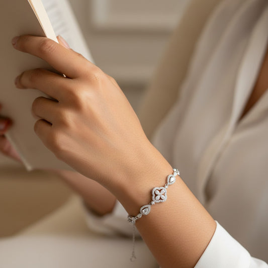 Siora Dual Heart Link 925 Silver Bracelet – Rhodium Finish | Zircon Accents