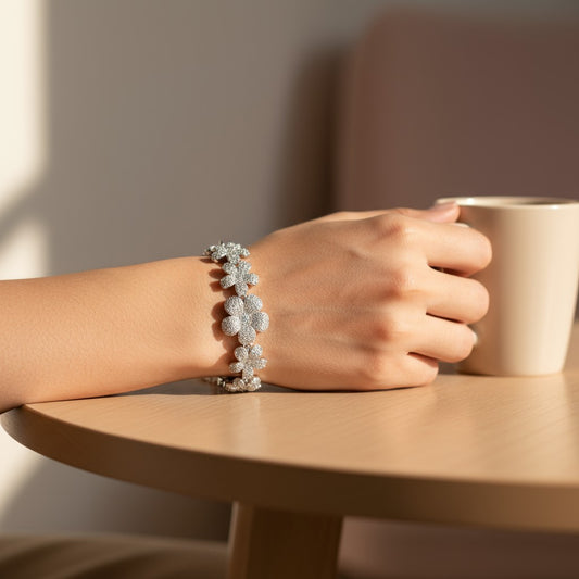 Siora Jewels Bloom Cascade 925 Silver Bracelet for Women | Rhodium Finish with Zircon Floral Detailing