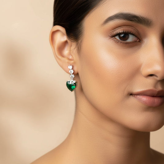 Siora Jewels Emerald Heart 925 Silver Earrings for Women | Rhodium Finish with Zircon Detailing & Bow Accent