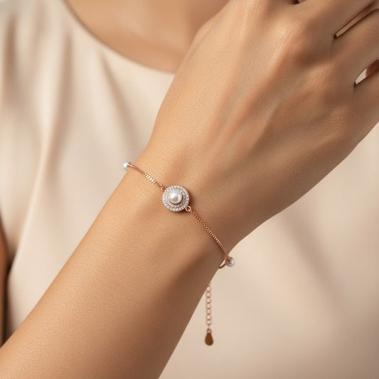 Siora Pearl Halo 925 Silver Bracelet – Rose Gold Finish | Natural Pearl & Zircon Halo