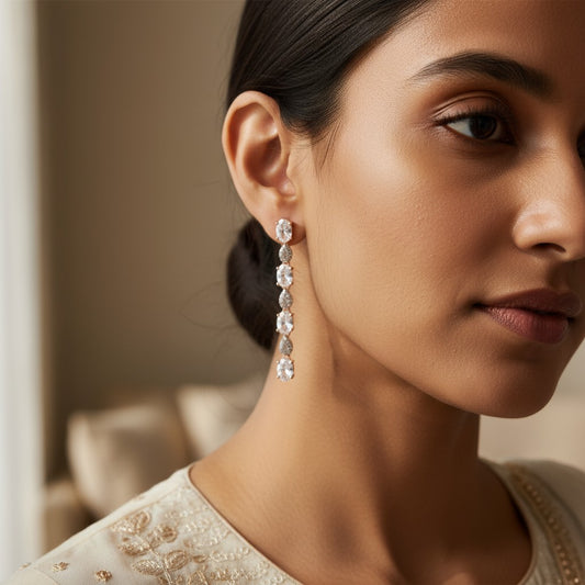 Siora Jewels Aurora Drop CZ 925 Silver Earrings for Women | Rose Gold Finish with Elongated Stone Detailing