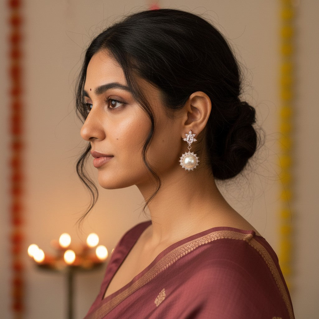 Siora Jewels Pearl Glow 925 Silver Earrings for Women | Rose Gold Finish with CZ Halo Detailing