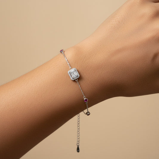 Siora Emerald‑Cut CZ 925 Silver Bracelet – Rhodium Finish | Central Zircon Accent