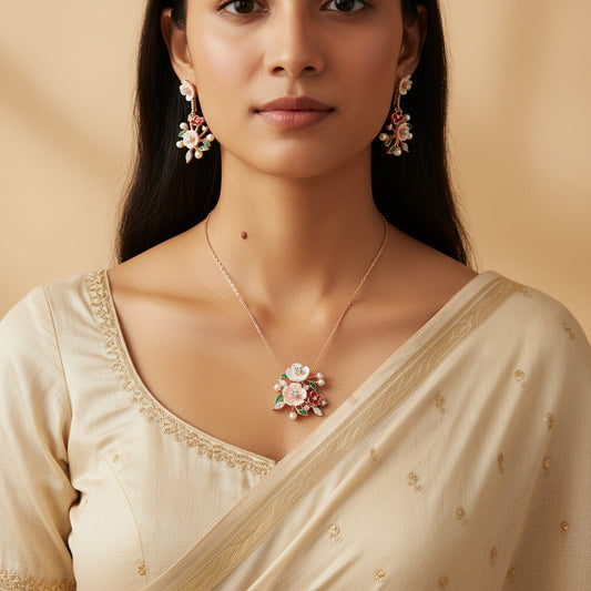 Siora Jewels Floral Harmony 925 Silver Jewellery Set for Women | Rose Gold Finish with Multicolour Enamel, Pearls & Zircons