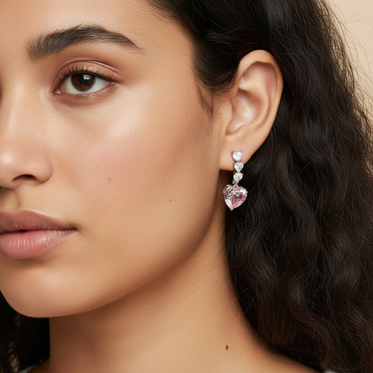 Siora Jewels Pink Heart CZ 925 Silver Earrings for Women | Rhodium Finish with Sparkling Stone Detailing