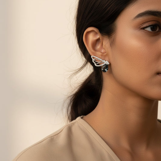 Siora Jewels Twilight Drop 925 Silver Earrings for Women | Rhodium Finish with Black Stone & Zircon Detailing