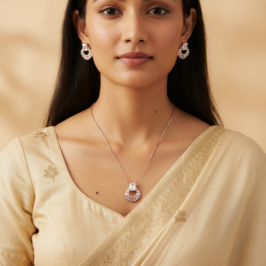 Siora Jewels Geo Sparkle 925 Silver Jewellery Set for Women | Rhodium Finish with Geometric Design & Zircon Detailing