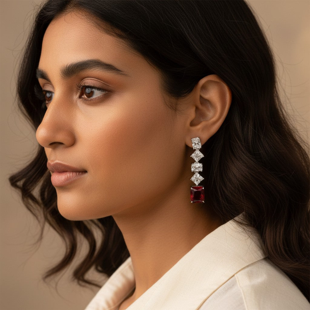 Siora Jewels White CZ 925 Silver Earrings for Women | Rhodium Finish with Red Detailing