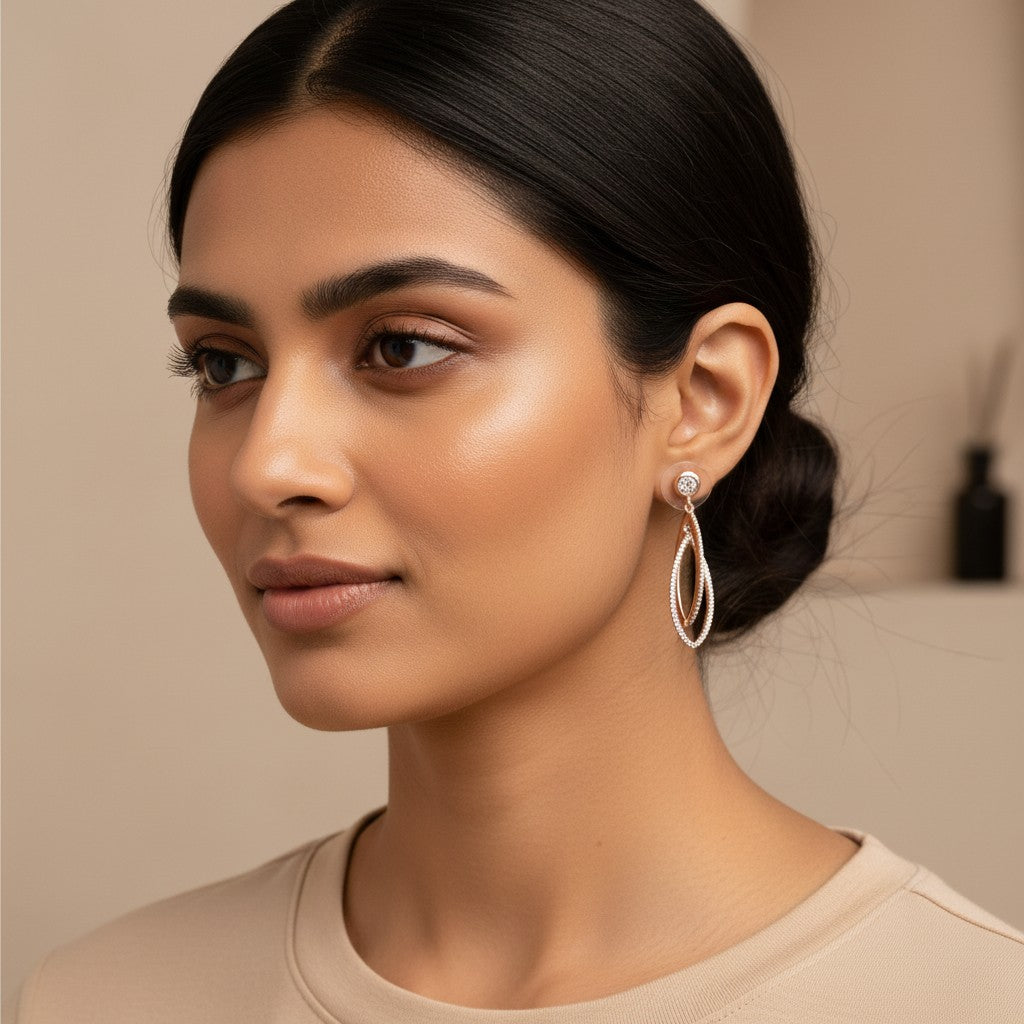 Siora Jewels Luxe Loop 925 Silver Earrings for Women | Rose Gold Finish with Zircon Detailing