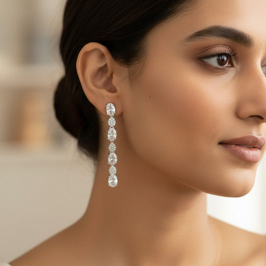 Siora Jewels Aurora Drop CZ 925 Silver Earrings for Women | Rhodium Finish with Elongated Stone Detailing