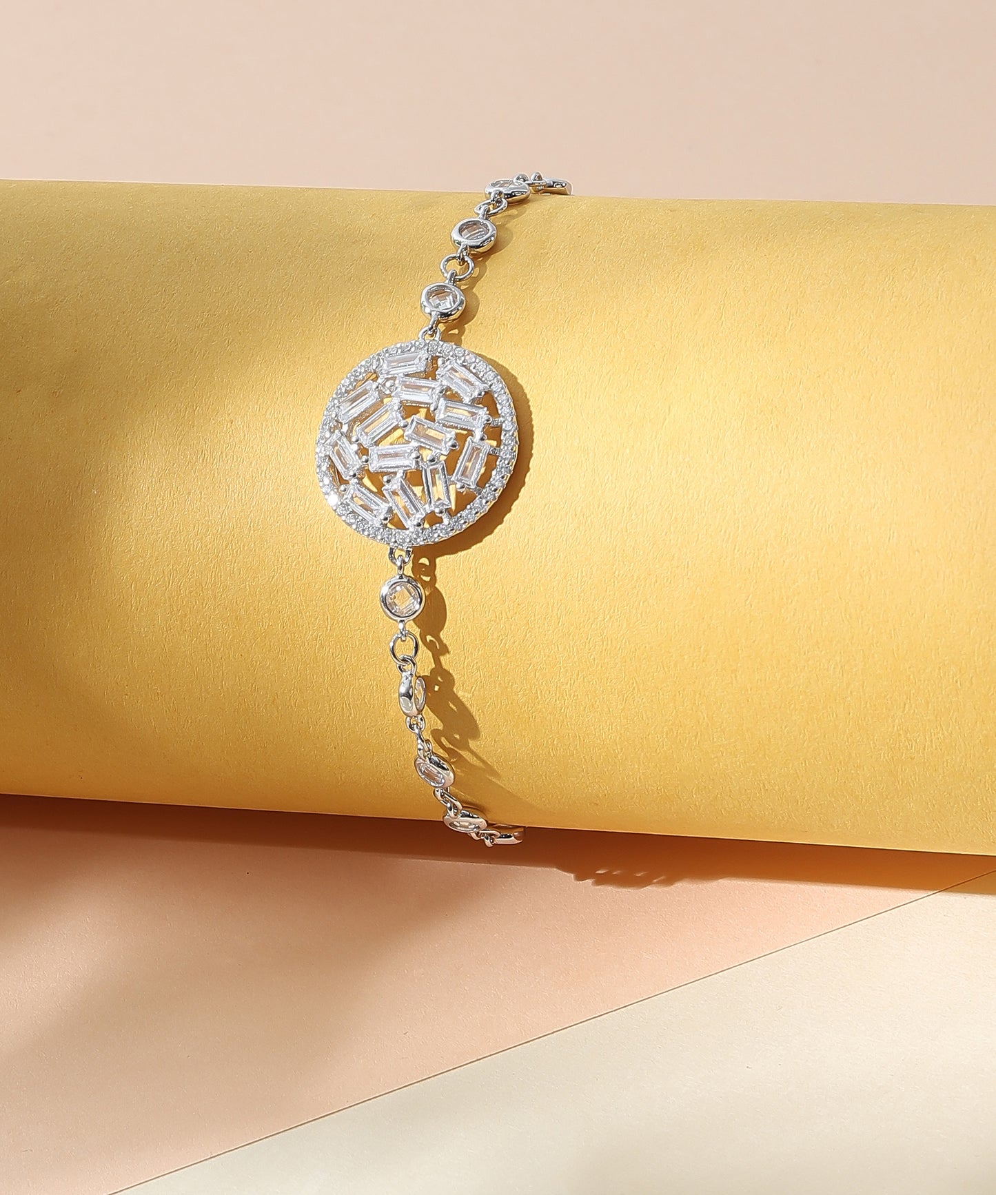 Siora Jewels Radiant Halo 925 Silver Bracelet for Women | Rhodium Finish with Baguette-Cut Zircon Detailing