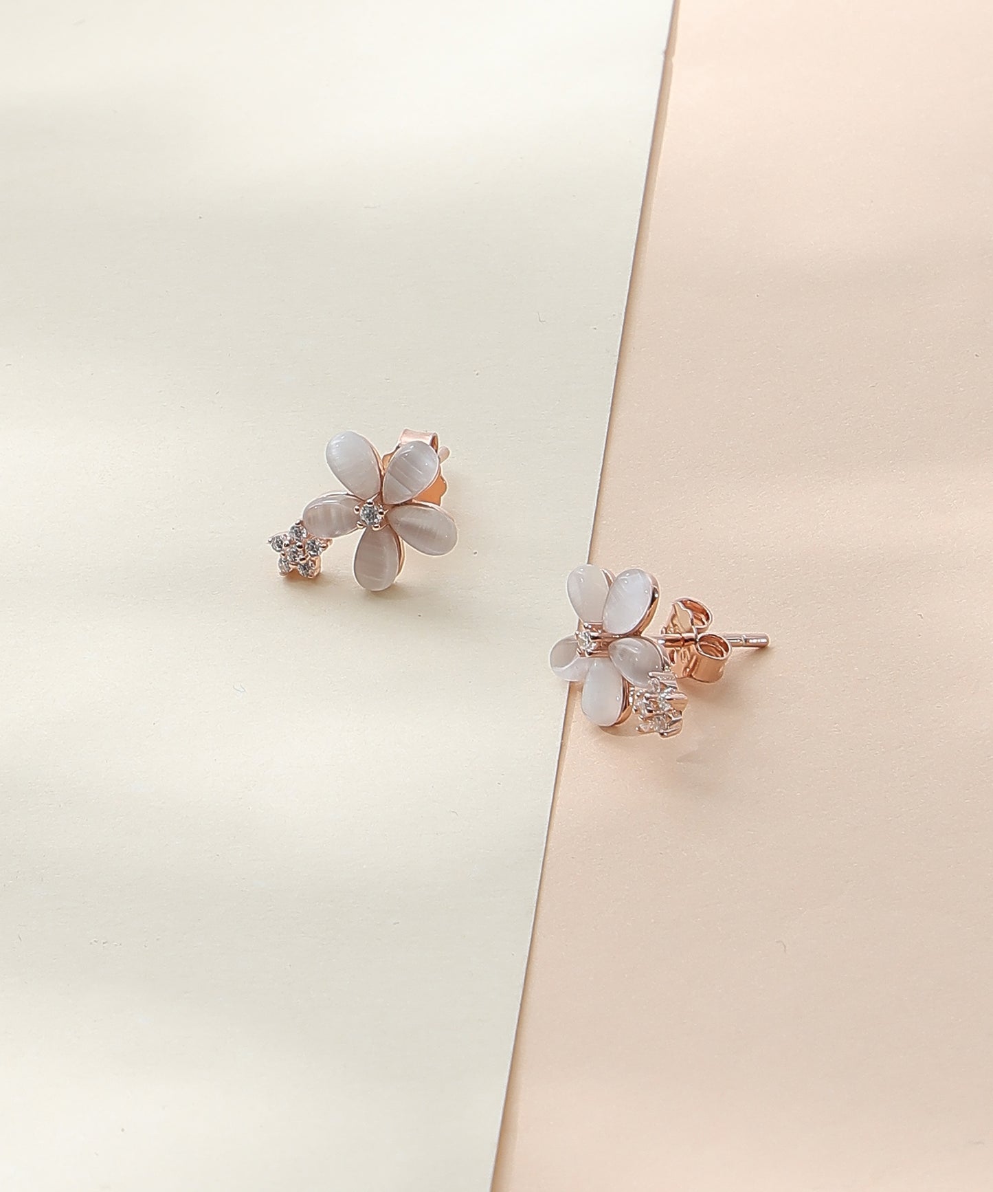 Siora Jewels Petite Floral 925 Silver Stud Earrings for Women | Rose Gold Finish with Enamel & Zircon Detailing