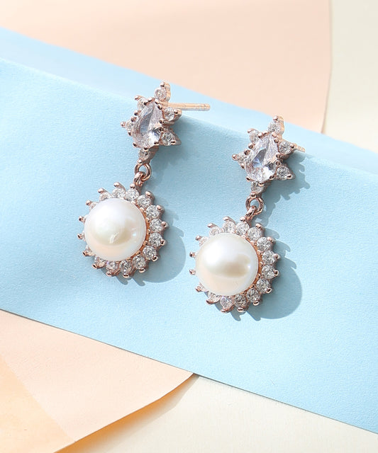 Siora Jewels Pearl Glow 925 Silver Earrings for Women | Rose Gold Finish with CZ Halo Detailing