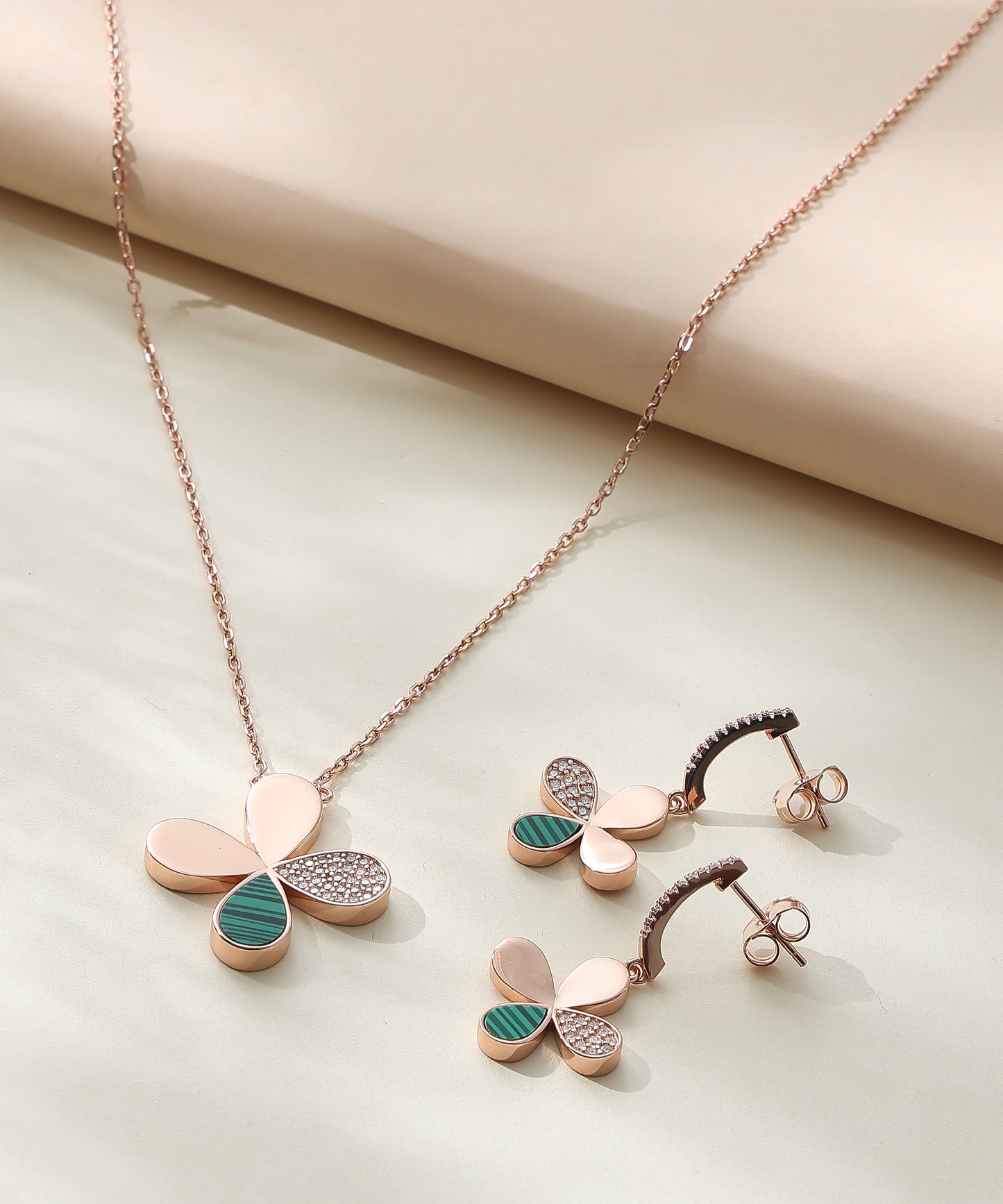 Siora Jewels Verdant Bloom 925 Silver Jewellery Set for Women | Rose Gold Finish with Green Enamel & Zircon Detailing