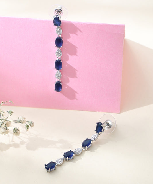 Siora Jewels Azure Drop CZ 925 Silver Earrings for Women | Rhodium Finish with Sapphire Blue Detailing