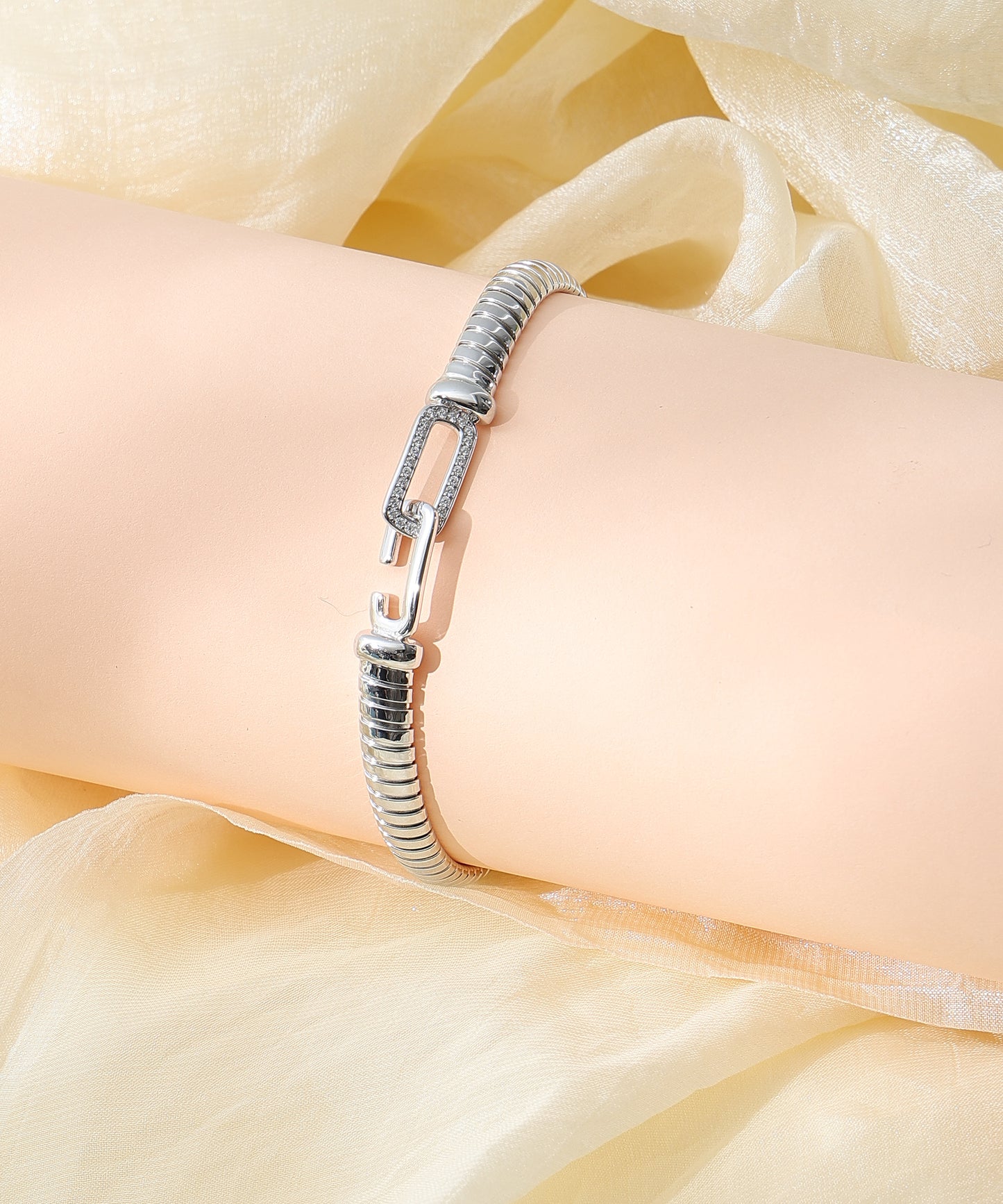 Siora Jewels CZ Kada 925 Silver Kada for Women | Rhodium Finish with Modern Link Design & Zircon Detailing