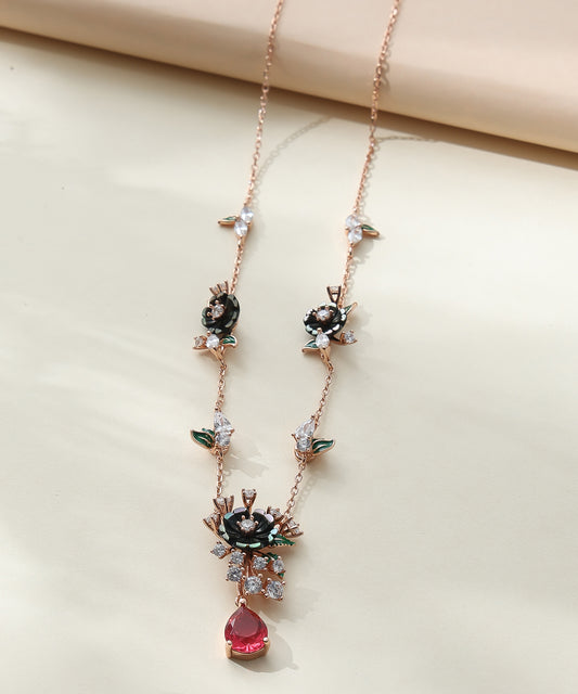 Siora Jewels Crimson Bloom 925 Silver Necklace for Women | Rose Gold Finish with Enamel & Red Stone Detailing