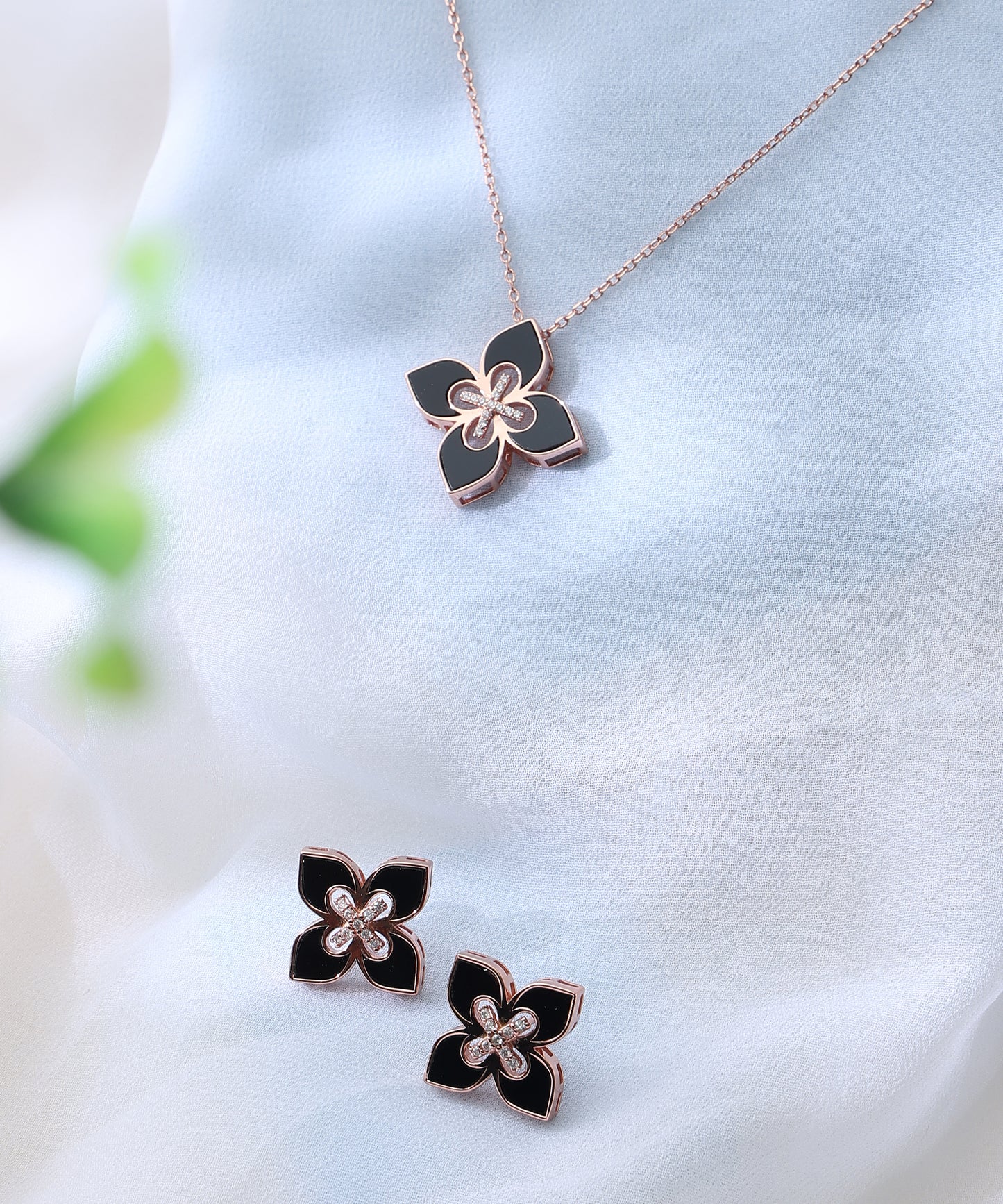 Siora Jewels Midnight Bloom 925 Sterling Silver Jewellery Set for Women | Rose Gold Finish with Black Enamel Floral Design & Zircon Detailing