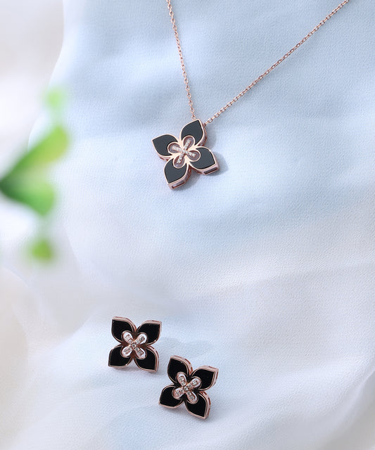 Siora Jewels Midnight Bloom 925 Sterling Silver Jewellery Set for Women | Rose Gold Finish with Black Enamel Floral Design & Zircon Detailing