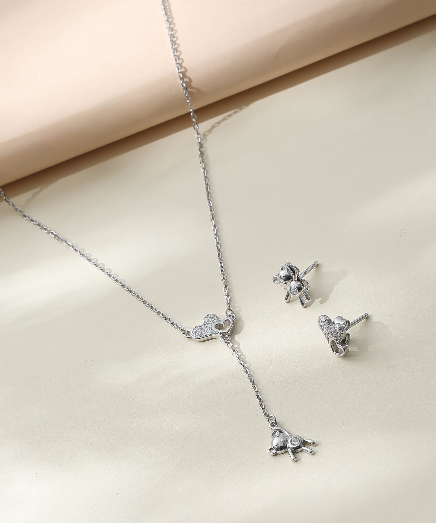 Siora Jewels Teddy Drop 925 Silver Pendant Set for Women | Rhodium Finish with Zircon Detailing