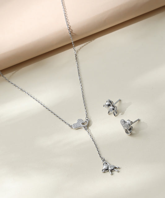 Siora Jewels Teddy Drop 925 Silver Pendant Set for Women | Rhodium Finish with Zircon Detailing