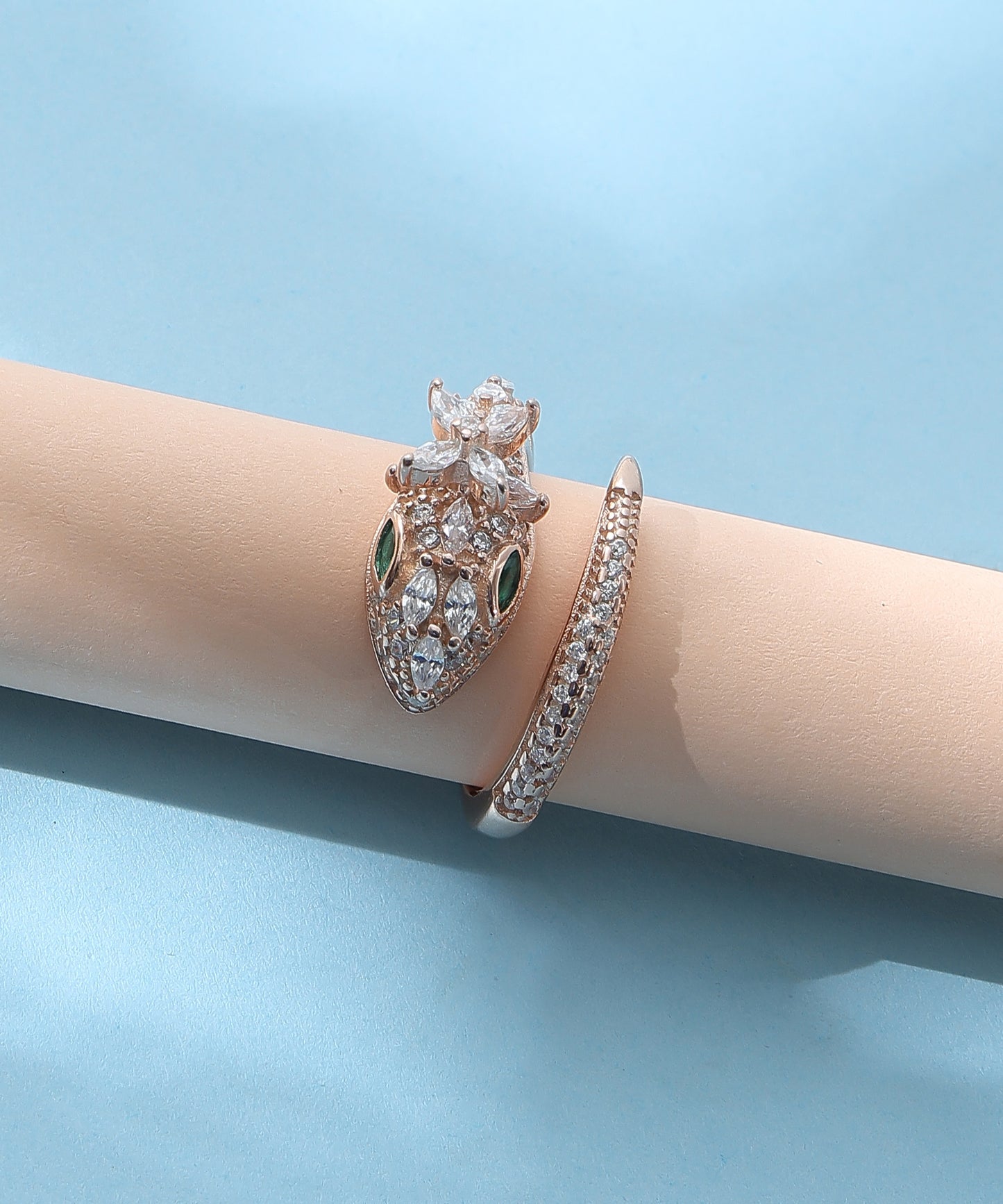 Siora Jewels Serpent Luxe 925 Silver Ring for Women | Rose Gold Finish with Zircon & Emerald Detailing