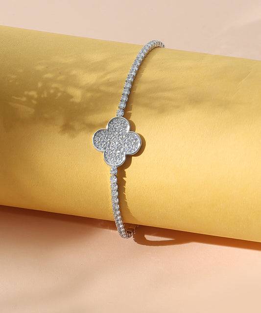 Siora Jewels Fortuna Clover 925 Silver Bracelet for Women | Rhodium Finish with Zircon Detailing