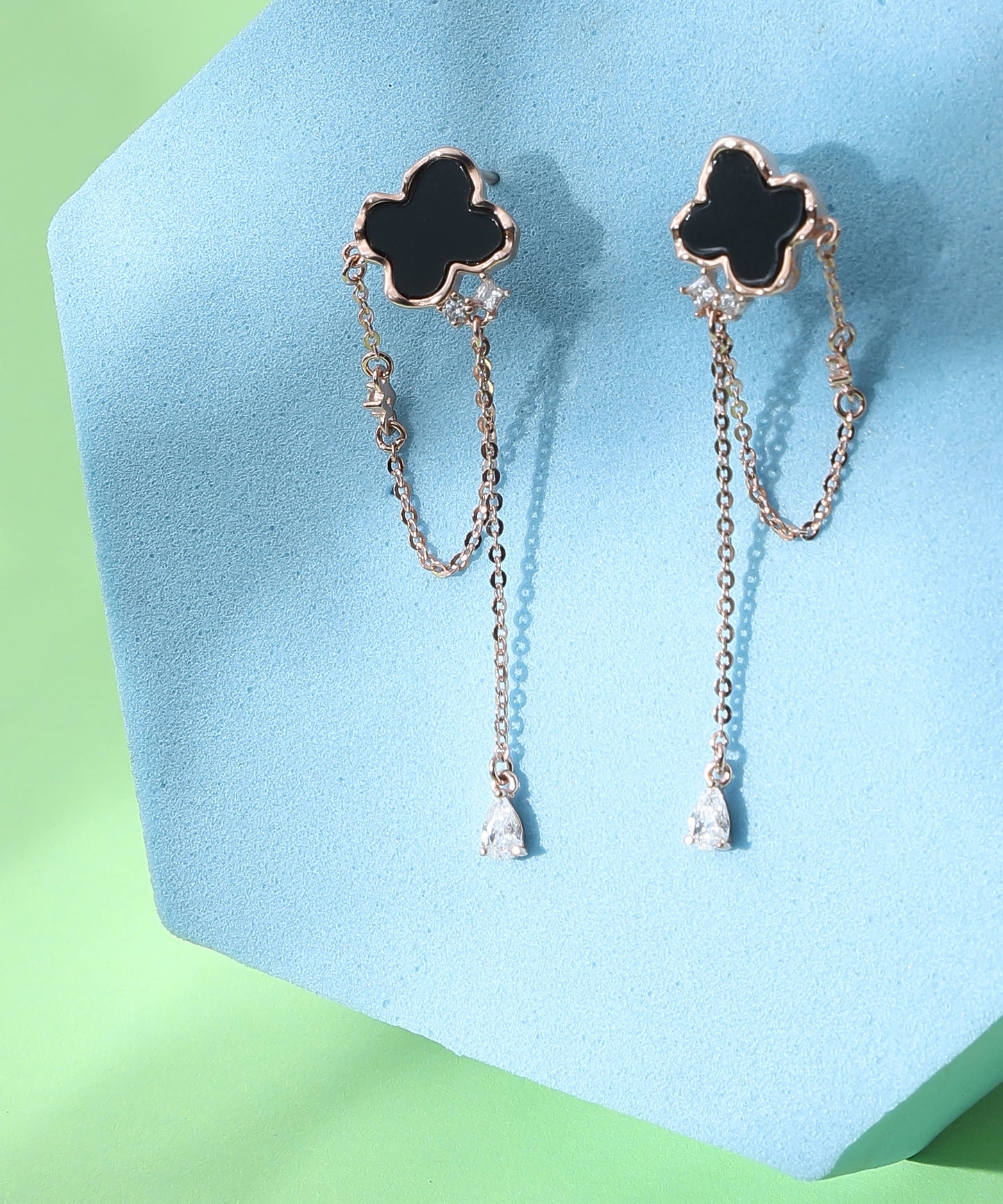 Siora Jewels Black Clover Drop 925 Silver Earrings for Women | Rose Gold Finish with Enamel Clover Detailing