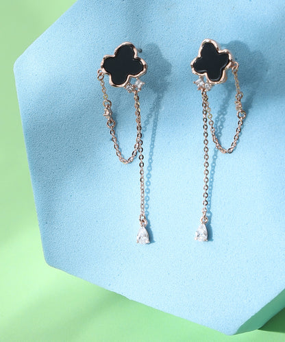 Siora Jewels Black Clover Drop 925 Silver Earrings for Women | Rose Gold Finish with Enamel Clover Detailing