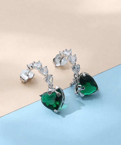 Siora Jewels Emerald Heart 925 Silver Earrings for Women | Rhodium Finish with Zircon Detailing & Bow Accent